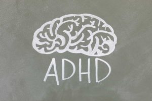 A brain over the words ADHD, representing that with a low enough cost of vyvanse, people can use vyvanse to deal with their ADHD