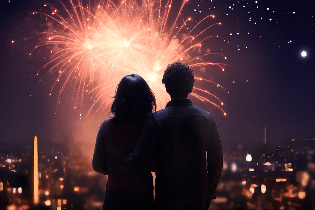 A couple watches fireworks as they set their New Years resolutions. 